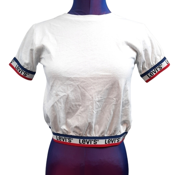 Levi's Crop Top Puff Sleeve with Red, White, & Blue Tee Shirt Size Medium Women - Picture 1 of 9